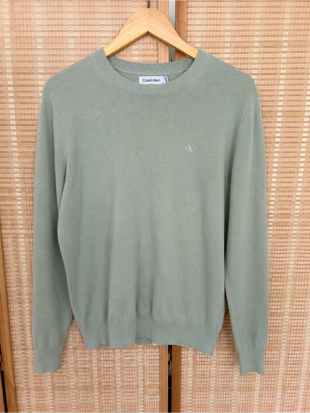 Calvin Klein Men’s XS Sage Green Crewneck Sweater Minimal Logo Cotton